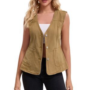 Women Denim Vest V Neck Wash Sleeveless with Patch Pocket Jean Jacket Khaki